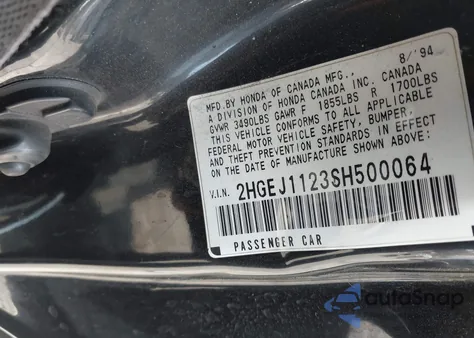 1995 Honda Civic Ex из США, поврежденный, VIN 2HGEJ1123SH500064